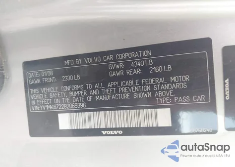 2008 Volvo C30 T5 R-Design/T5 Version 1.0/T5 Version 2.0 z USA, uszkodzony, nr VIN YV1MK672282069398